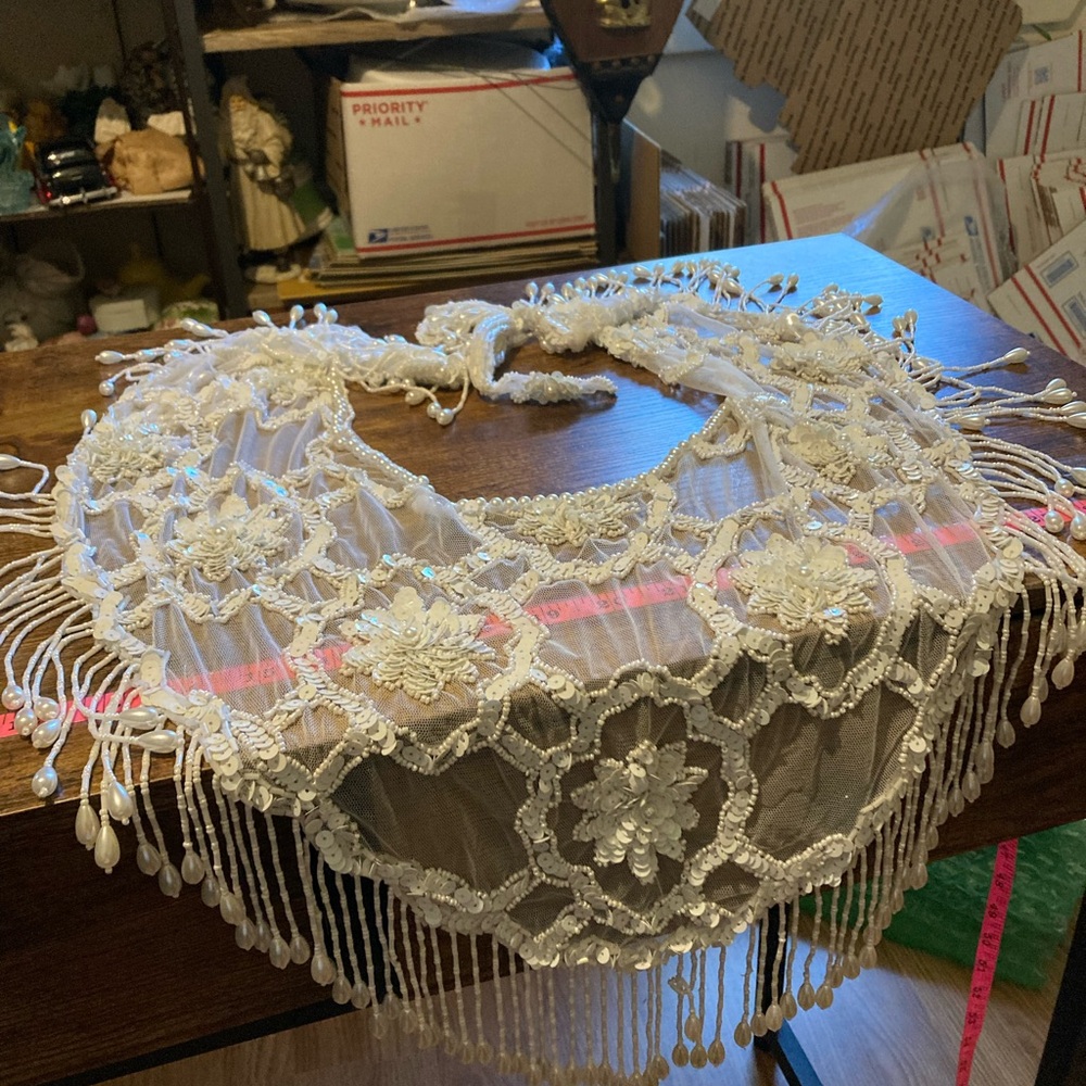 Source Unknown Ivory Beaded Fringe Bridal Shawl Scarf